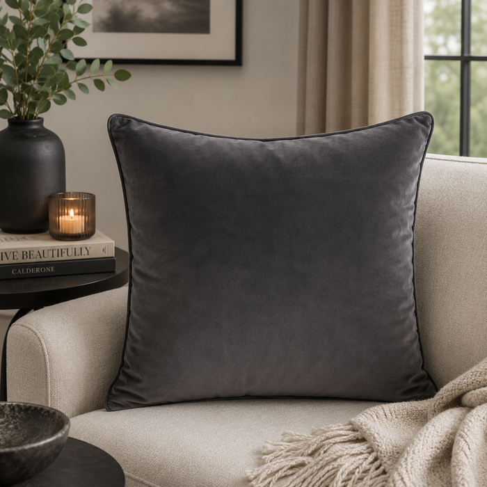 FULLSHIRE Velvet Piped Cushion - Charcoal 55x55cm