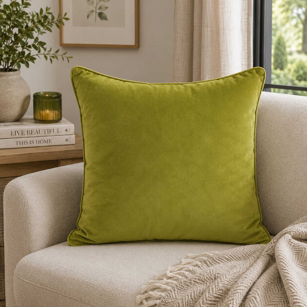 FULLSHIRE Velvet Piped Cushion - Lime 55x55cm