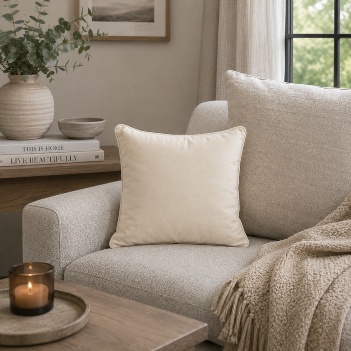 FULLSHIRE Velvet Piped Cushion - Natural 43x43cm