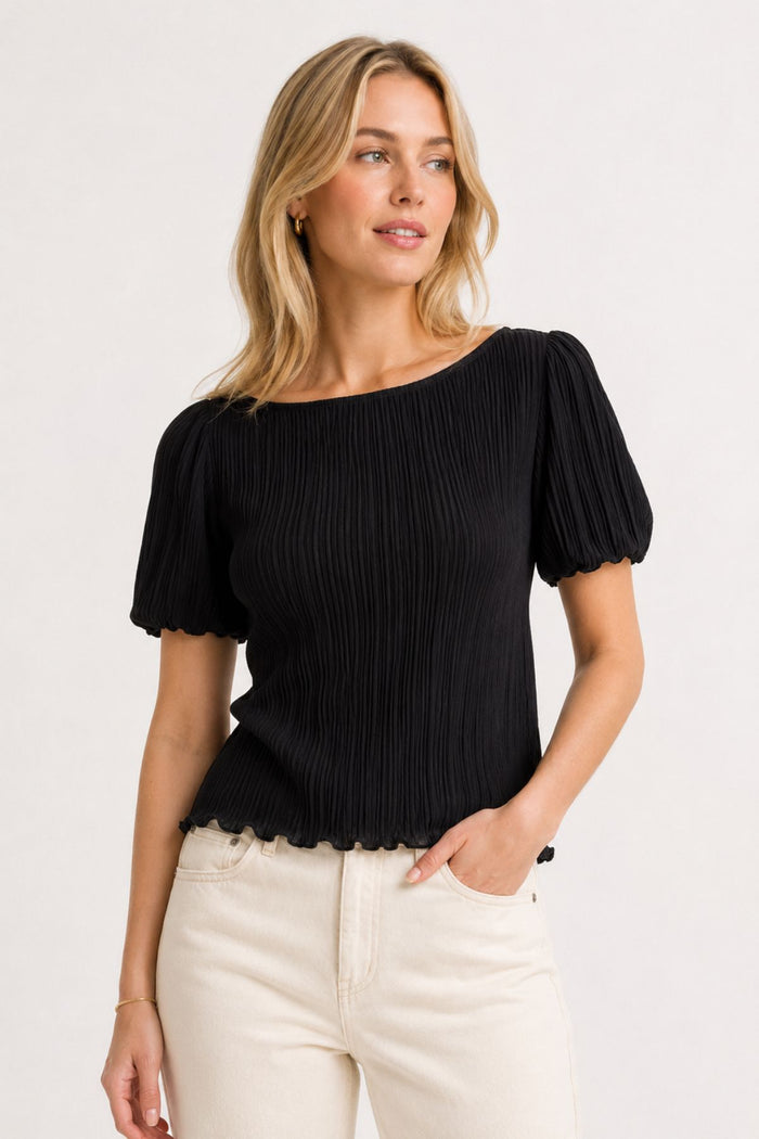 VERO MODA Leika Boat Neck Textured Top - Black