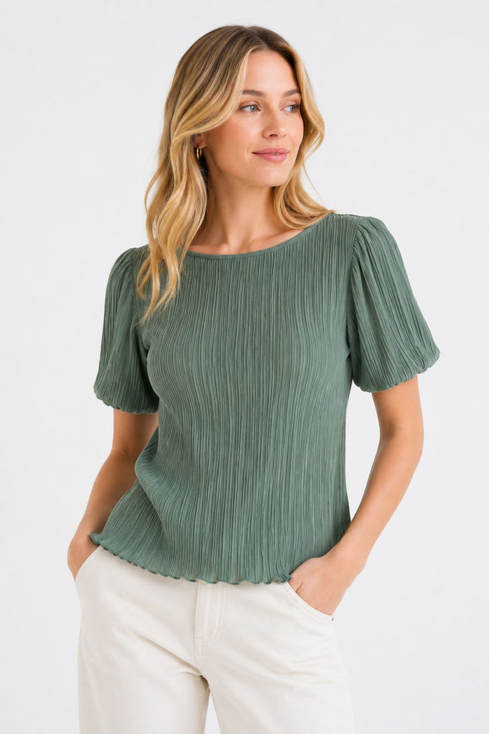 VERO MODA Leika Boat Neck Textured Top - Green