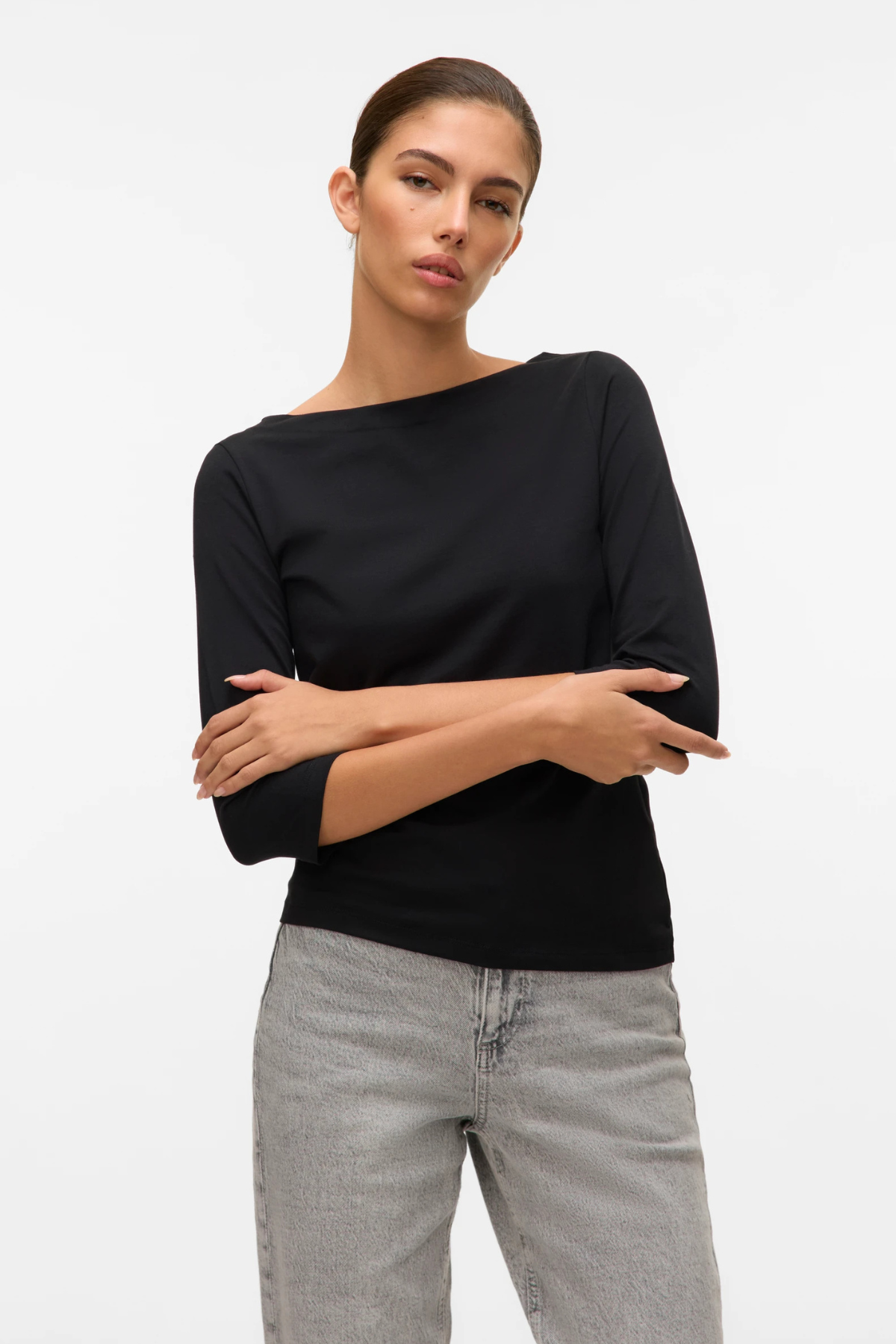 VERO MODA Panda Boat Neck 3/4 Sleeve Top - Black