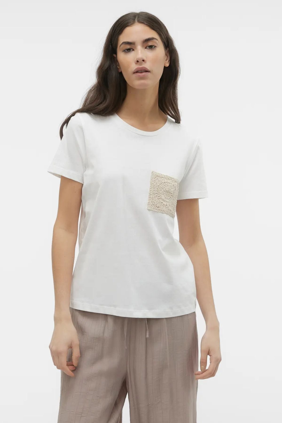 VERO MODA Francis Crochet Detail T-Shirt - White/Cream