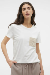 VERO MODA Francis Crochet Detail T-Shirt - White/Cream