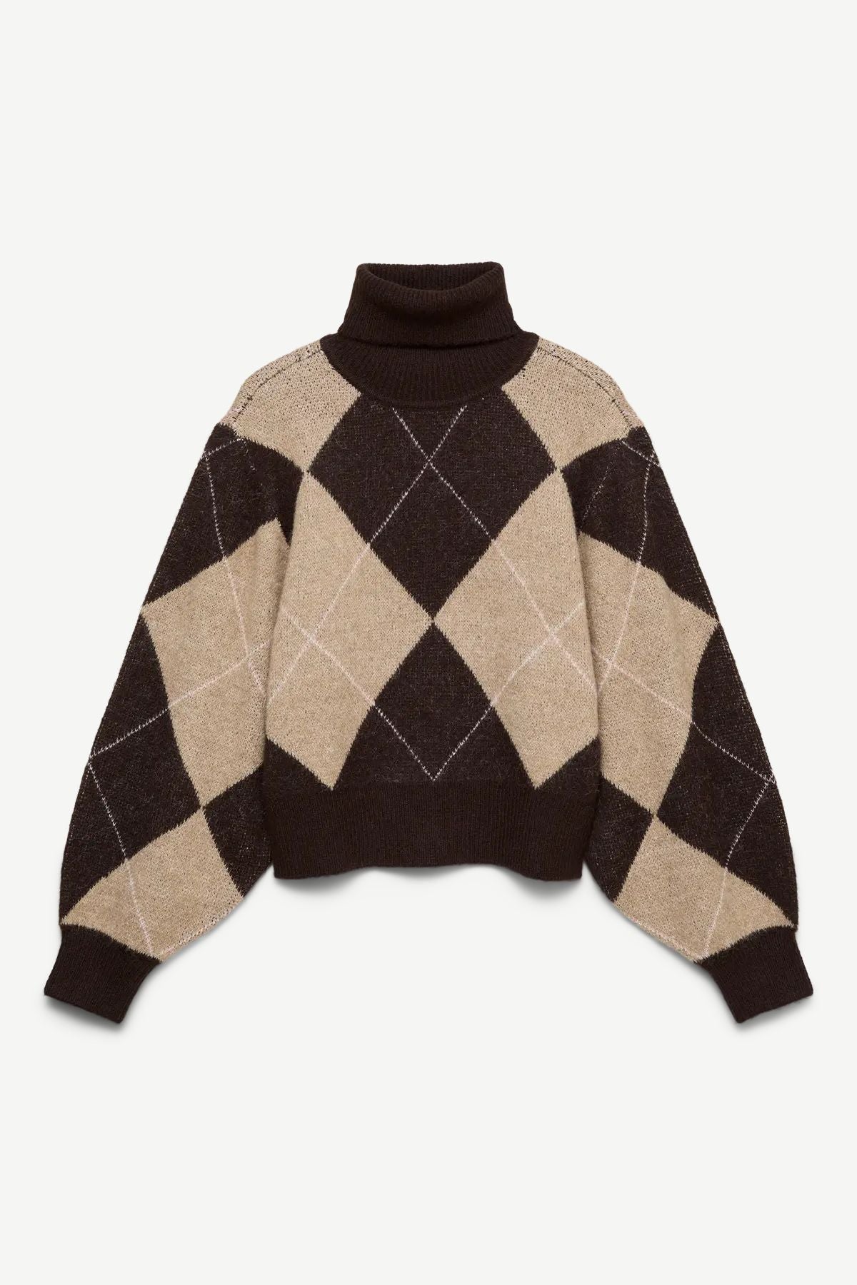 VERO MODA Darla Argyle Roll-neck Jumper - Cream & Brown