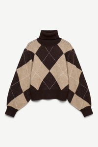 VERO MODA Darla Argyle Roll-neck Jumper - Cream & Brown