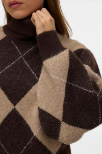 VERO MODA Darla Argyle Roll-neck Jumper - Cream & Brown