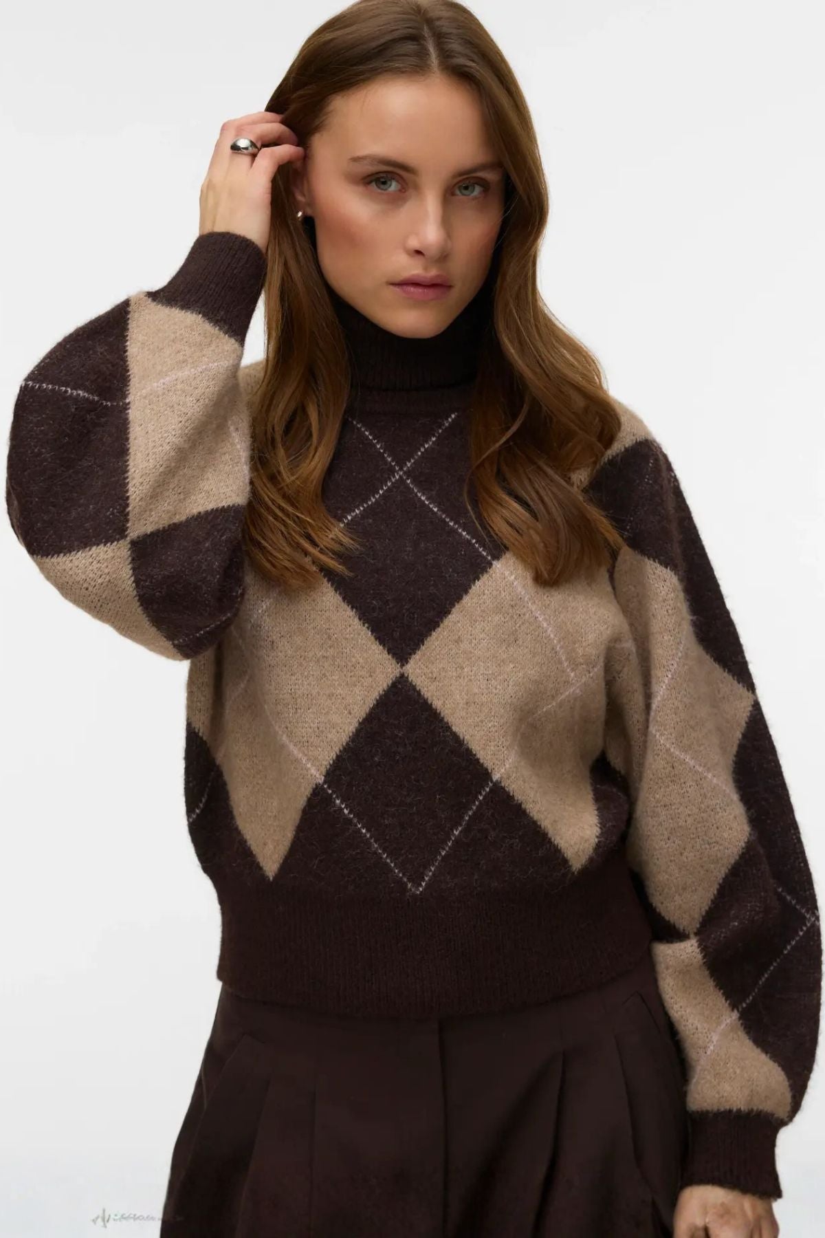 VERO MODA Darla Argyle Roll-neck Jumper - Cream & Brown