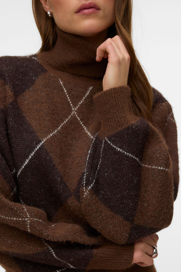 VERO MODA Darla Argyle Roll-Neck Jumper - Brown & Cocoa Brown