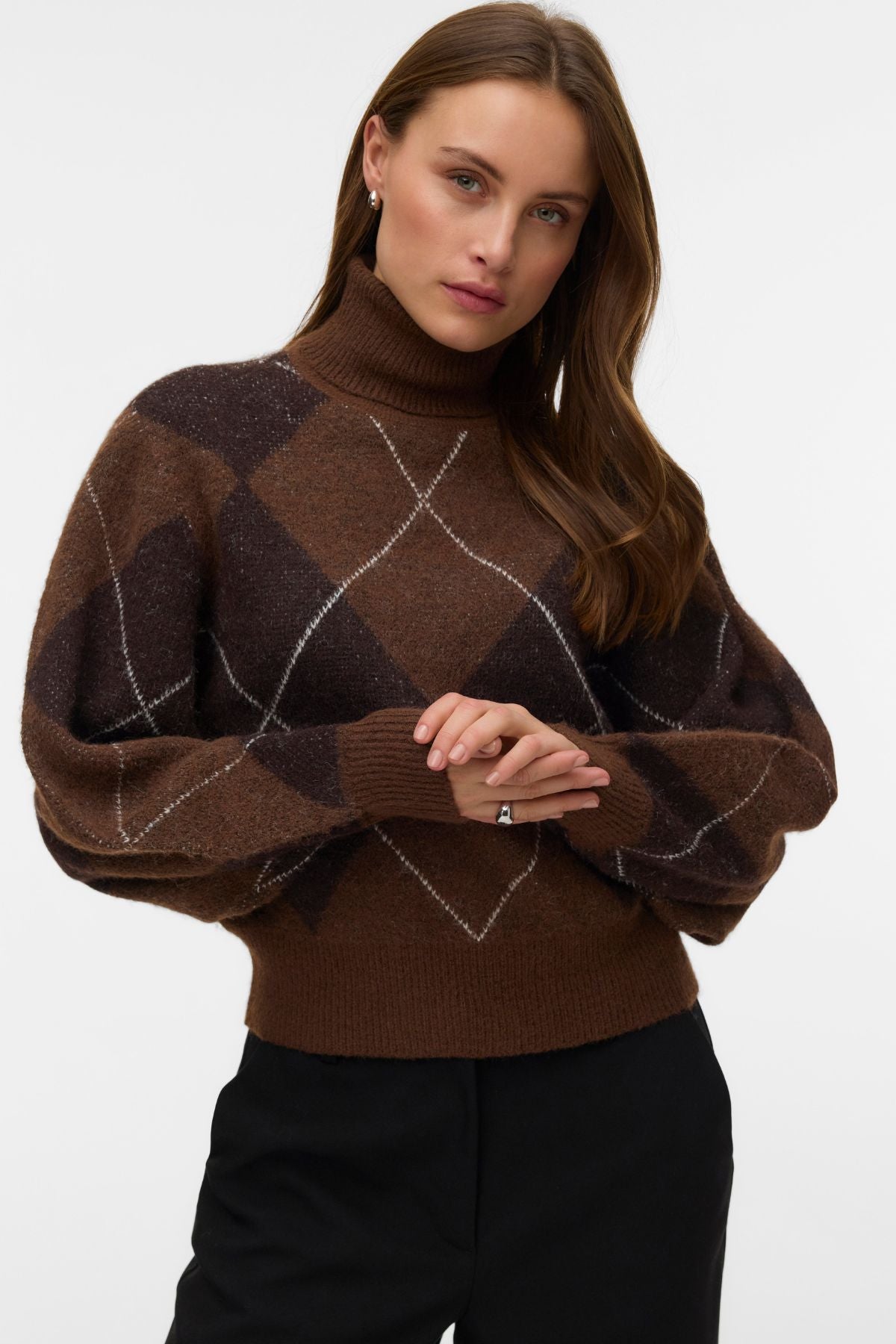 VERO MODA Darla Argyle Roll-Neck Jumper - Brown & Cocoa Brown