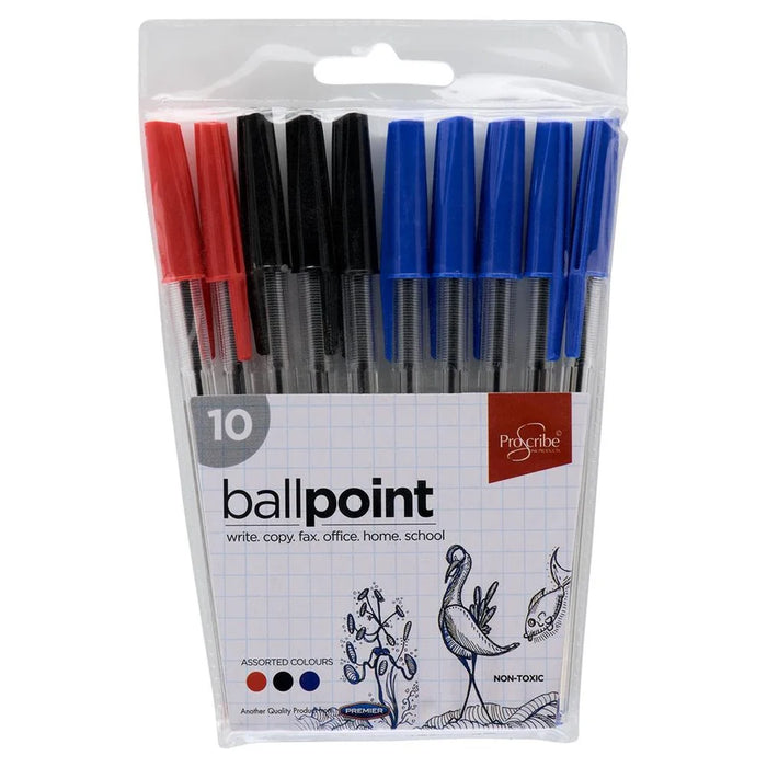 PREMIER STATIONERY ProScribe Ball Point Pen 10 Pack - 5 Blue, 3 Black, 2 Red