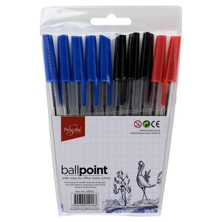 PREMIER STATIONERY ProScribe Ball Point Pen 10 Pack - 5 Blue, 3 Black, 2 Red