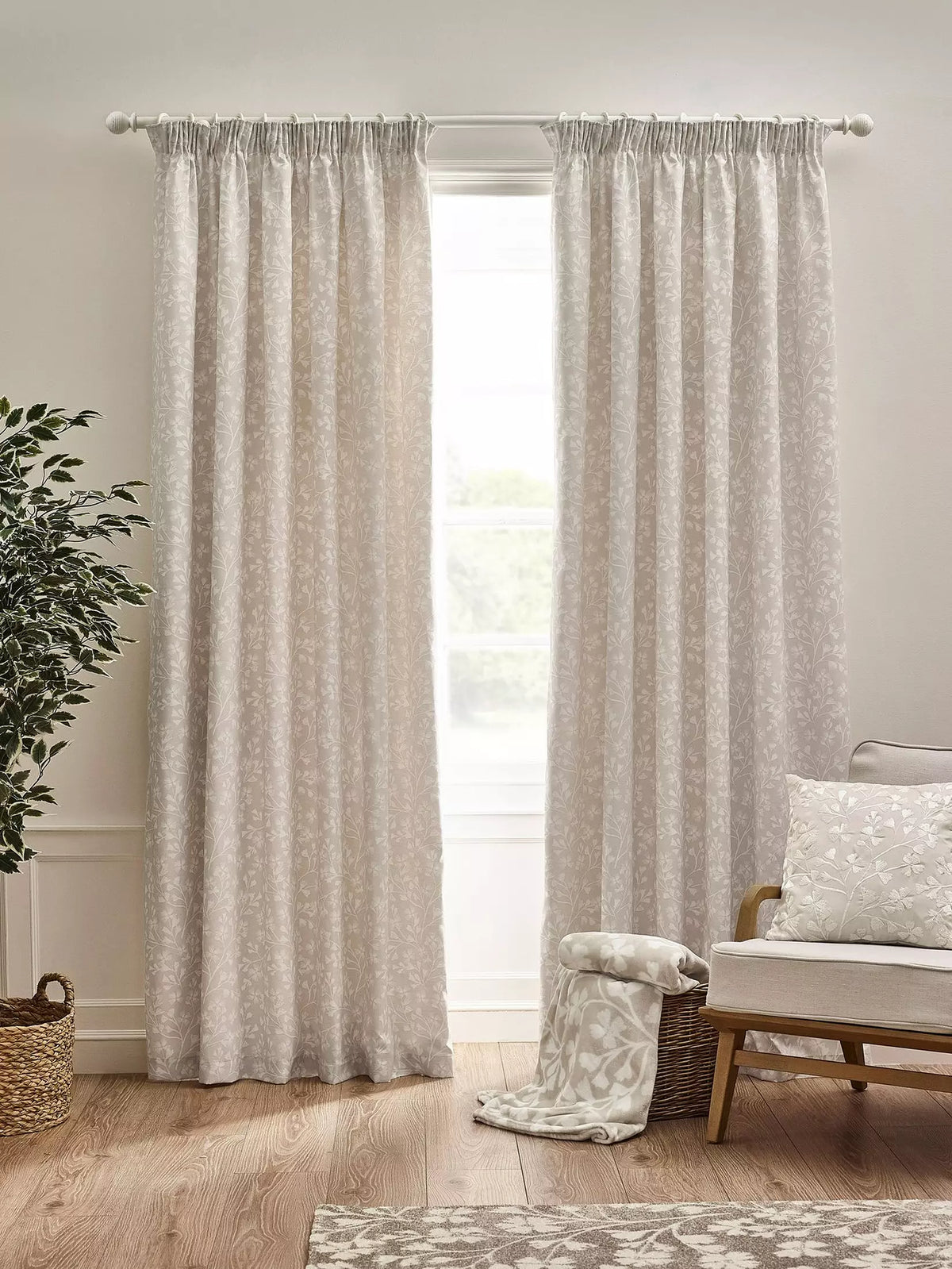 CATHERINE LANSFIELD Brooke Floral Pencil Pleat Curtains - Natural
