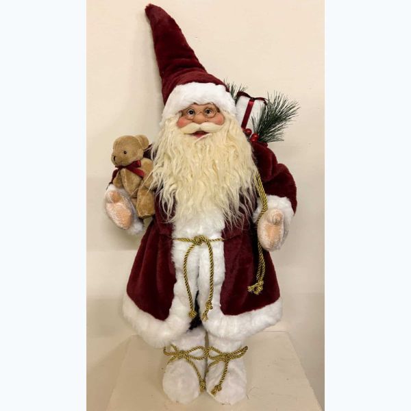ENCHANTE Winter Time Standing Santa with Teddy Bear & Gift Sack 60cm – Burgundy