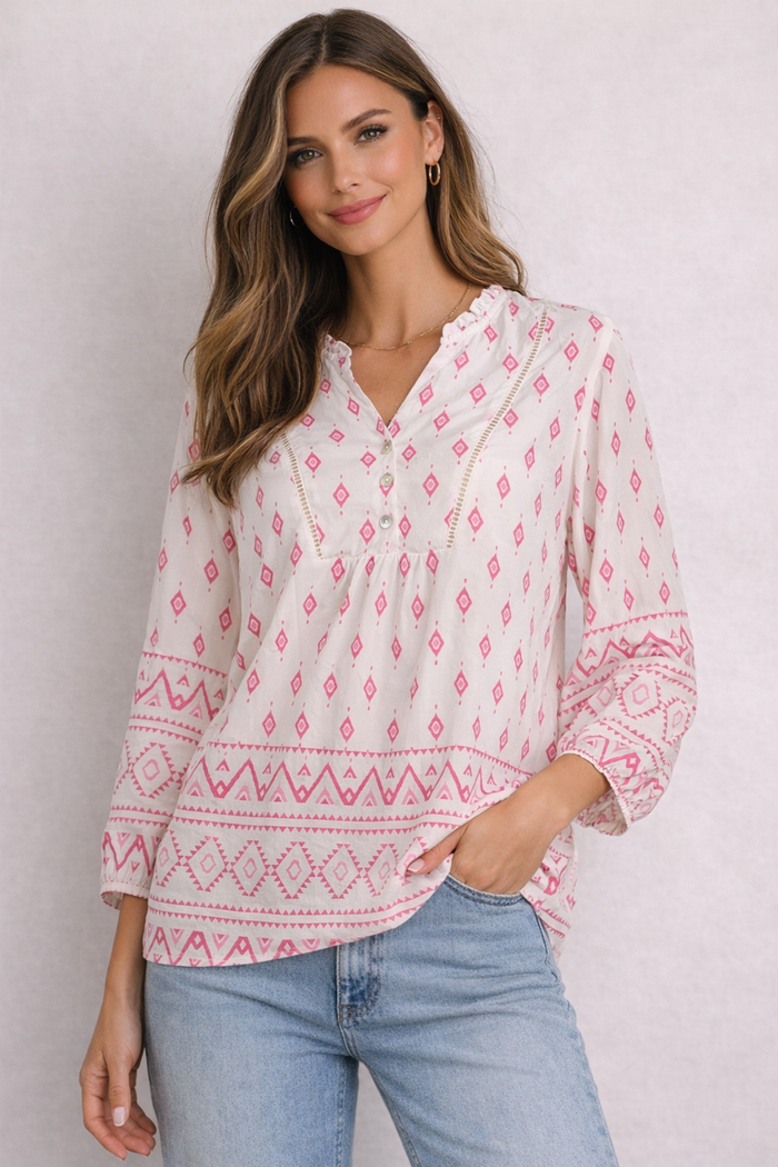 ZABAOINE Desteny Long Sleeve Blouse - Pink Print