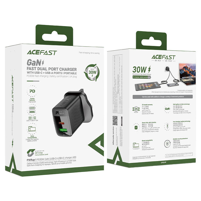 ACEFAST A99 PD30W GaN USB-C+USB-A Charger Black