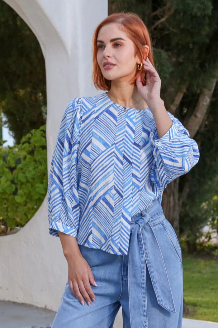 RANT & RAVE Alexis Geometric Print Blouse - Blue Print