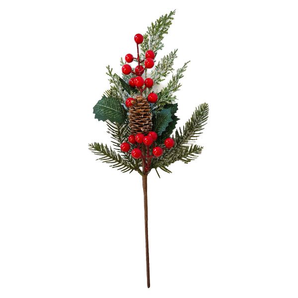 An artificial Christmas greenery stem featuring pine branches, red berries, holly leaves, a pinecone, and a long brown stem on a plain white background.