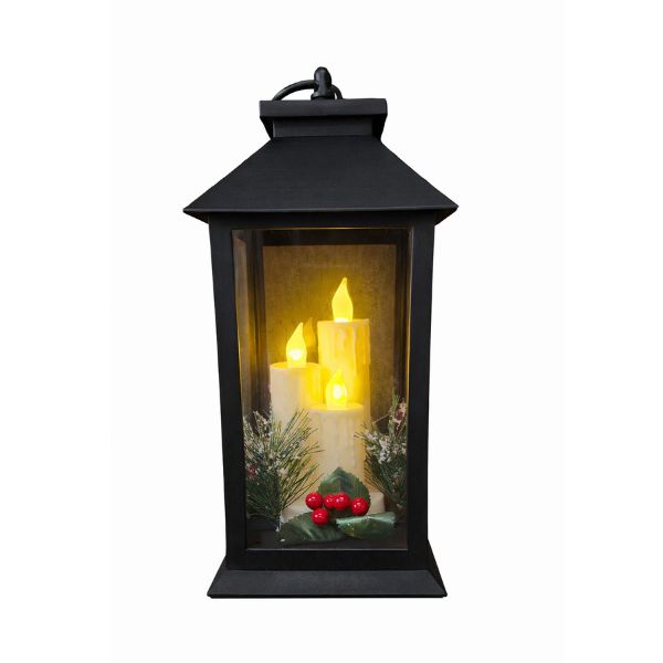 WGP Black Christmas Lantern with LED Candles & Festive Greenery 30cm