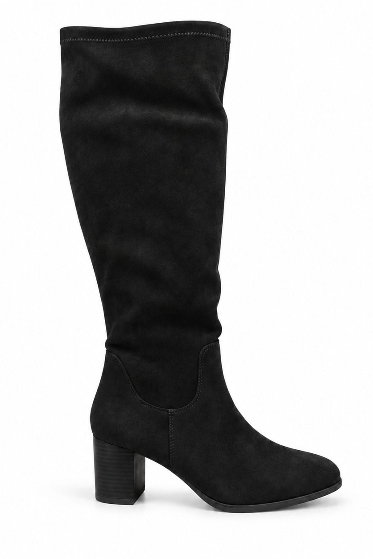 REDZ Suede Block Heel Knee High Stretch Boot - Black