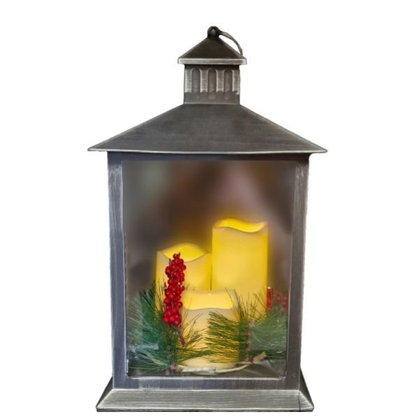 WGP Christmas Lantern with LED Candles & Festive Greenery  40cm– Antique Silver