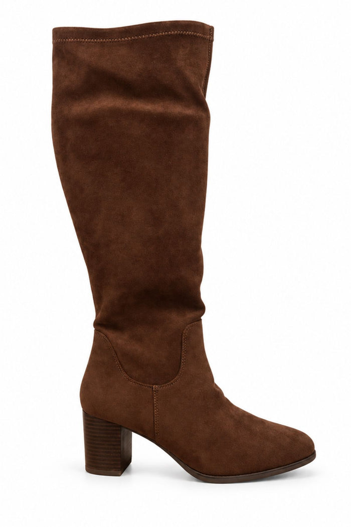REDZ Suede Block Heel Knee High Stretch Boot - Brown