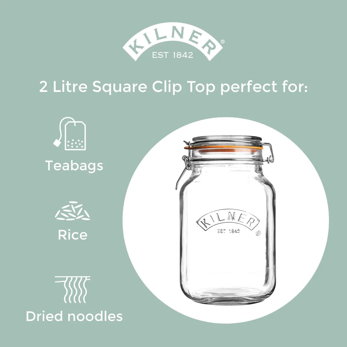 KILNER Glass Clip Top Square Jar 2 Litre