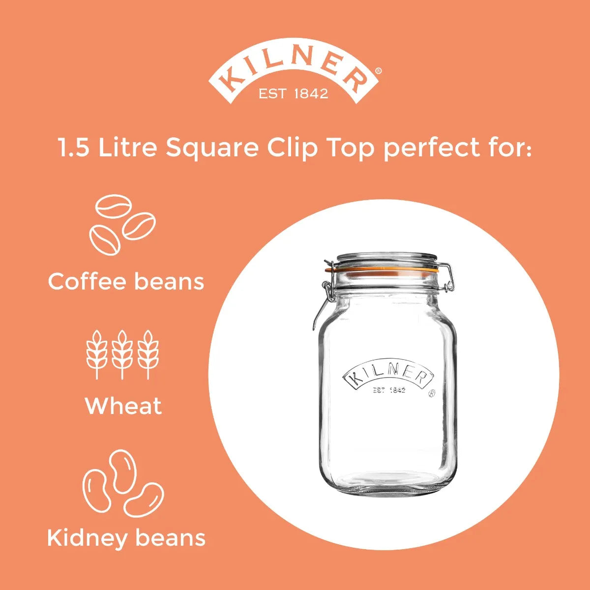KILNER Glass Clip Top Square Jar 1.5 Litre
