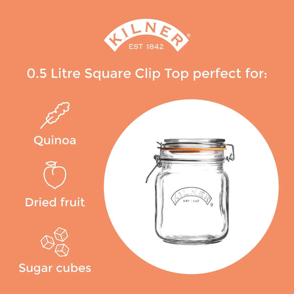 KILNER Glass Clip Top Square Jar 0.5 Litre