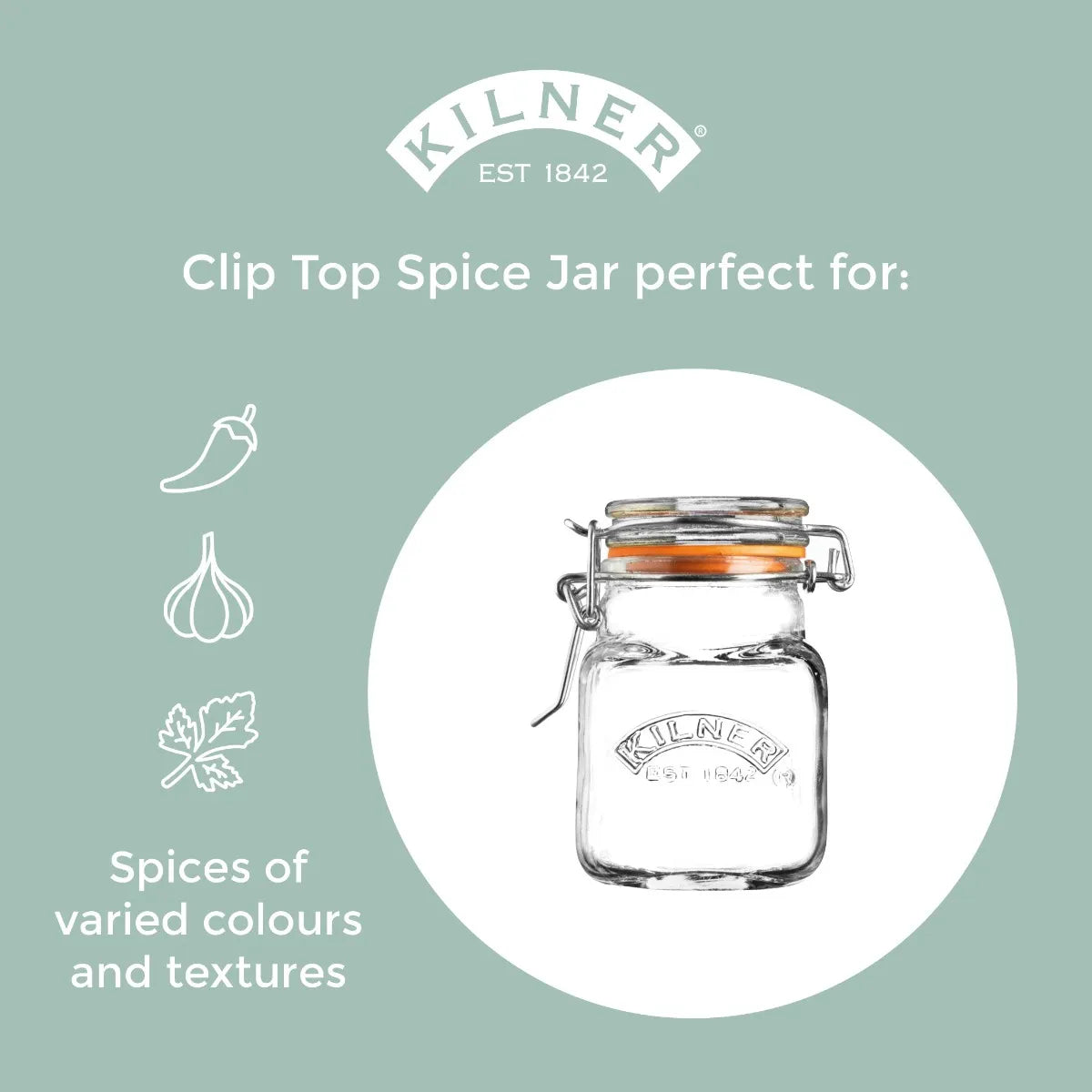 KILNER Square Clip Top Glass Small Spice Jar 70ml