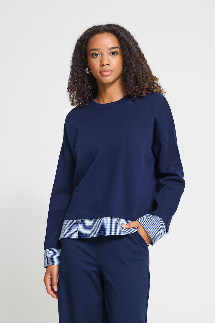 ICHI Pinda Mix Gingham Trim Layered-Look Sweatshirt - Navy