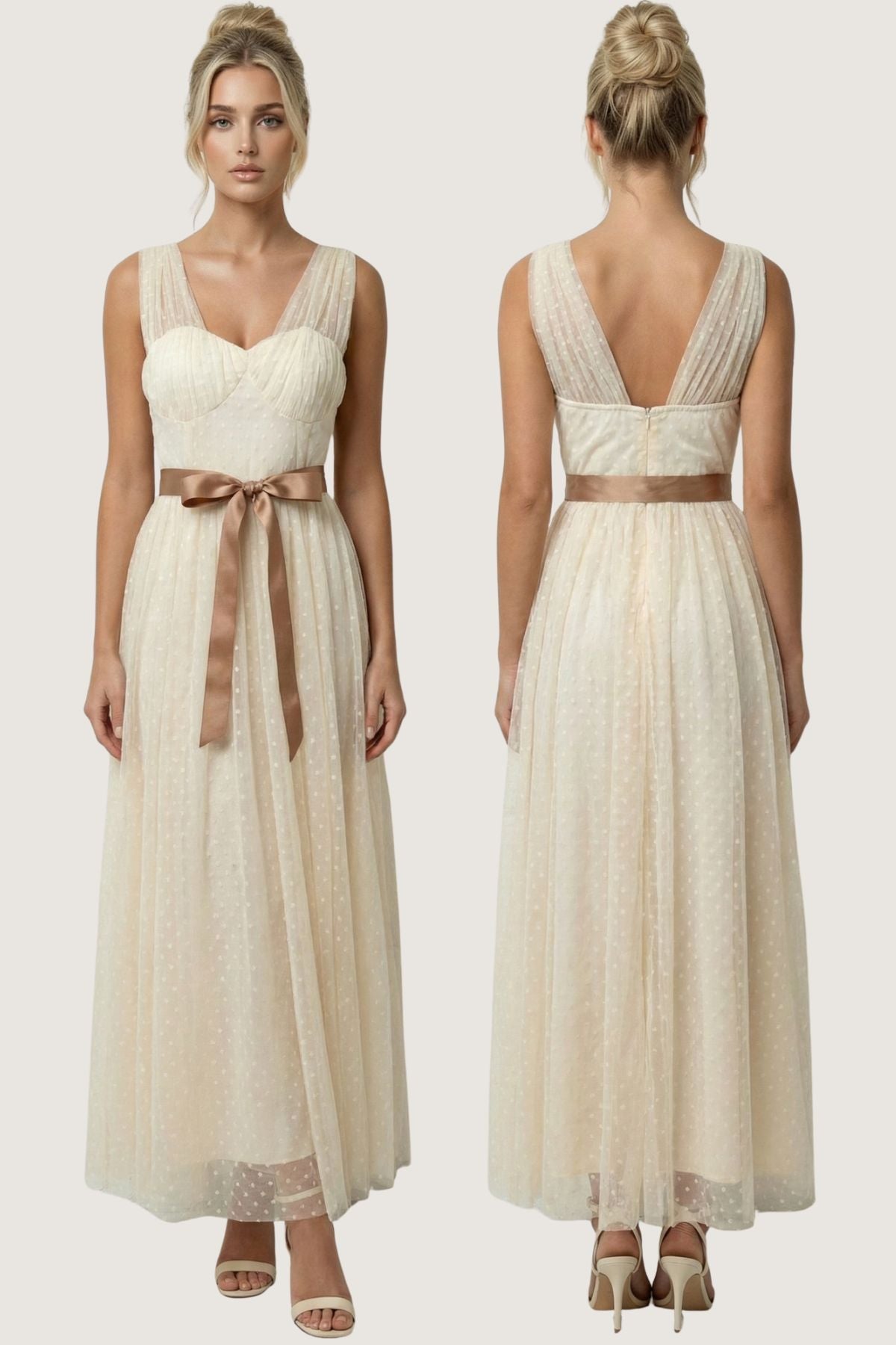 A sleeveless cream maxi dress shown from the front and back on a model. The dress features a sweetheart neckline, a matching satin waistband with a bow on the front, and a V-back on the back, paired with neutral heeled sandals.