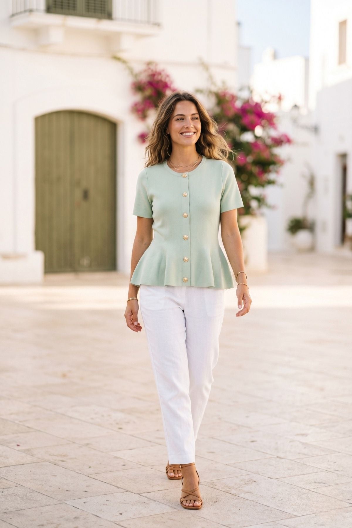 COPE CLOTHING Flared Top with Gold Buttons - Ocean