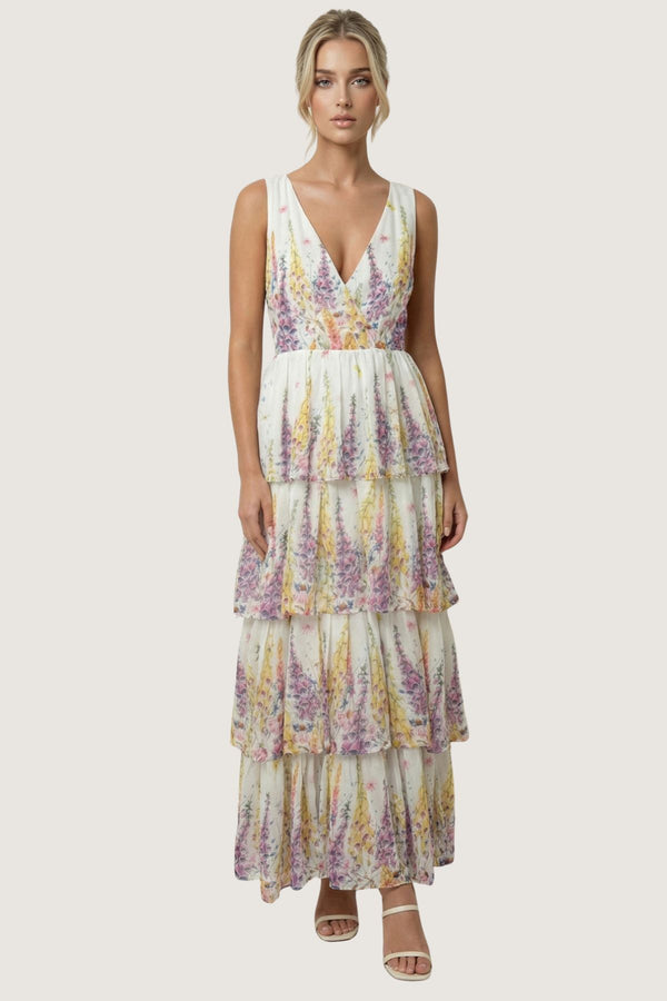 COPE CLOTHING Country Floral Print Tiered Maxi Dress - Cream