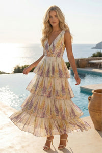 COPE CLOTHING Country Floral Print Tiered Maxi Dress - Cream
