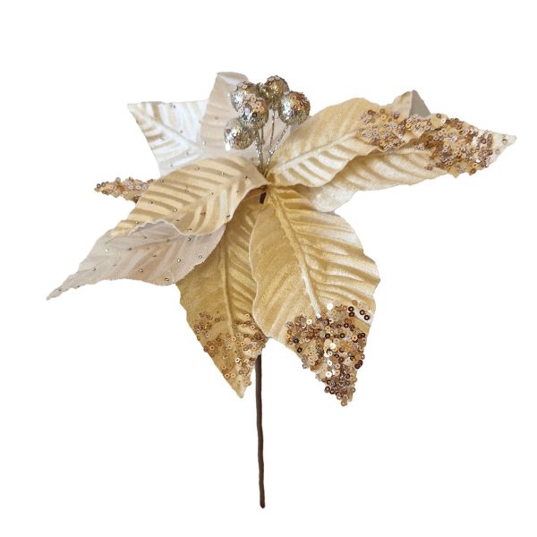 WGP Cream & Gold Sequin Poinsettia Christmas Pick 40cm