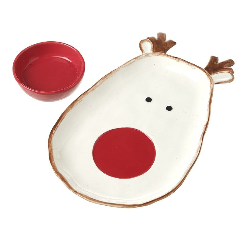 HEAVEN SENDS Red Nose Reindeer Shaped Plate With Bowl