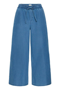 ICHI Kate Denim Wide Leg Cropped Trousers - Mid Blue