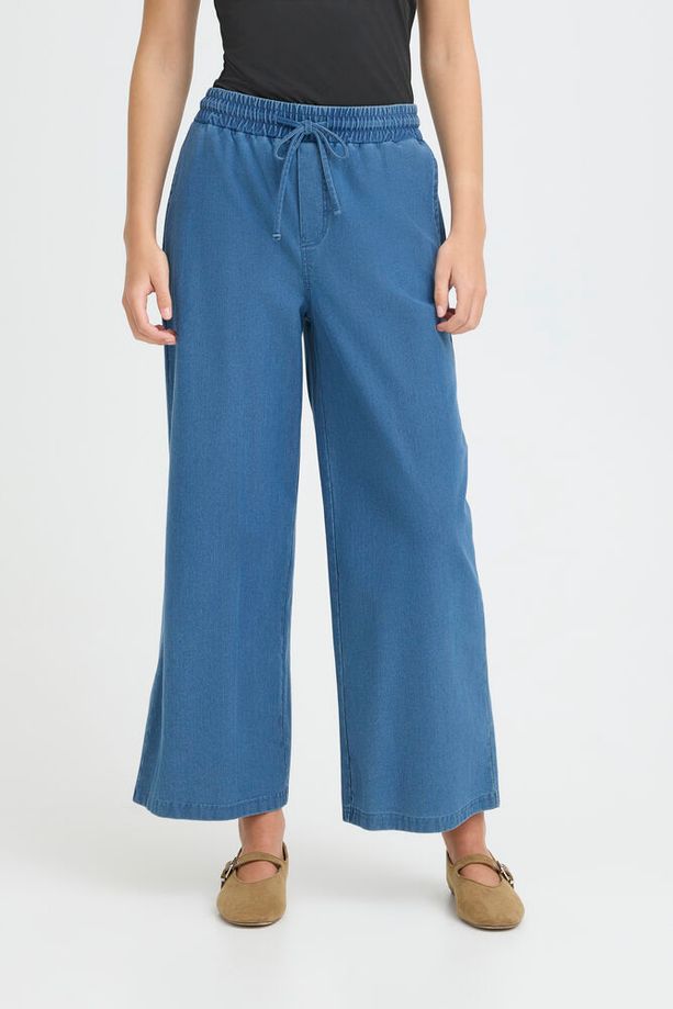 ICHI Kate Denim Wide Leg Cropped Trousers - Mid Blue