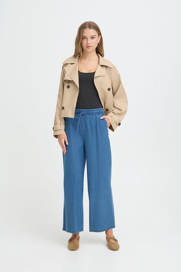 ICHI Kate Denim Wide Leg Cropped Trousers - Mid Blue