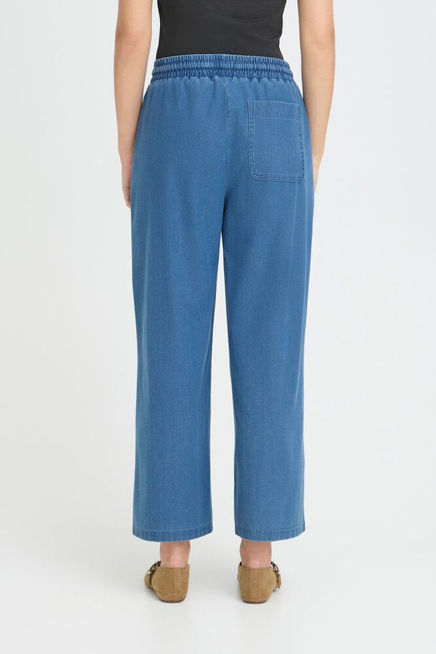 ICHI Kate Denim Wide Leg Cropped Trousers - Mid Blue