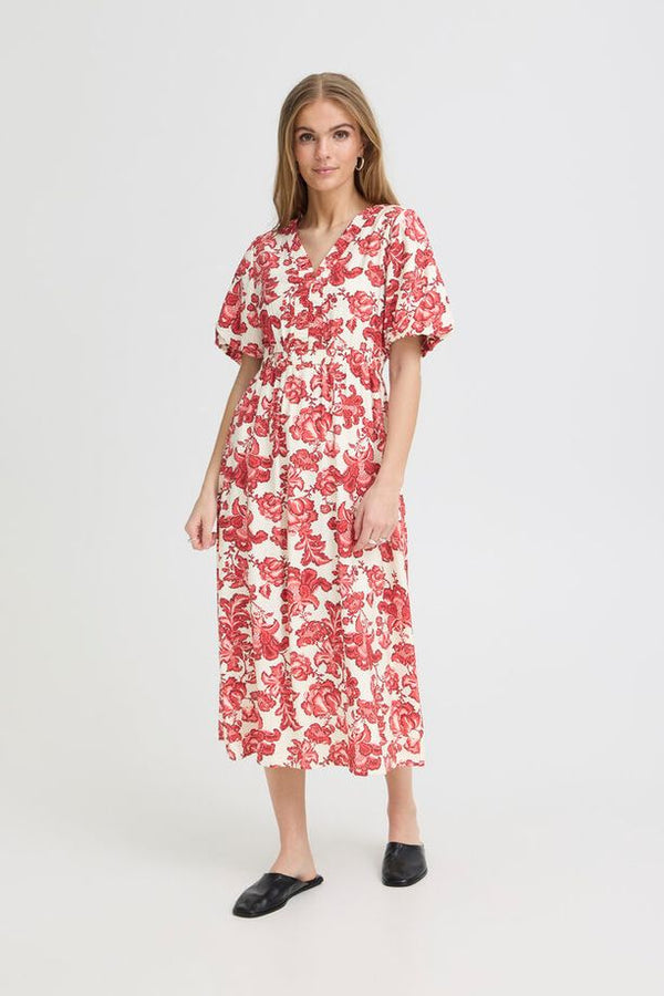 ICHI Gilvis Floral Midi Dress - Red