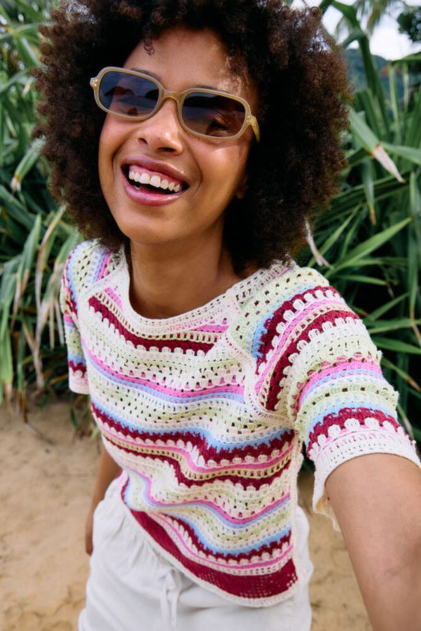 ICHI Bandie Crochet Short Sleeve Top - Stripe