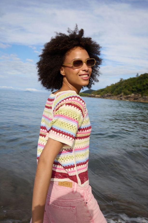 ICHI Bandie Crochet Short Sleeve Top - Stripe