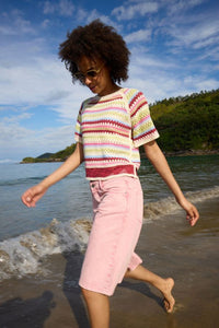 ICHI Bandie Crochet Short Sleeve Top - Stripe