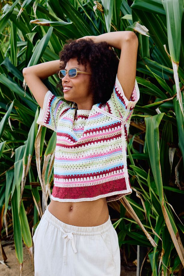 ICHI Bandie Crochet Short Sleeve Top - Stripe