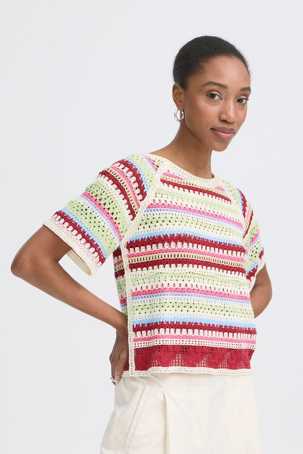 ICHI Bandie Crochet Short Sleeve Top - Stripe