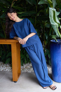 ICHI Katico Wide Leg Trousers - Navy