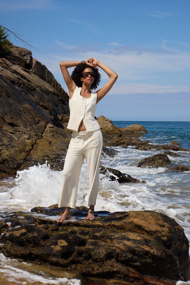 ICHI Kate Lumina Textured Pants - Cream