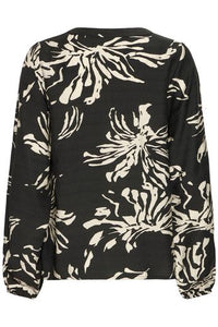 FRANSA Arianna Floral V-Neck Blouse - Black Print
